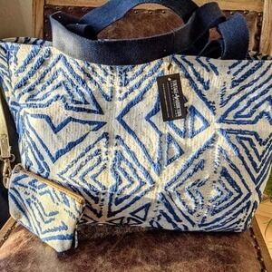 NWT Vintage Addiction Jacquard Tote Bag Blue White Geometric + Coin Purse Clutch